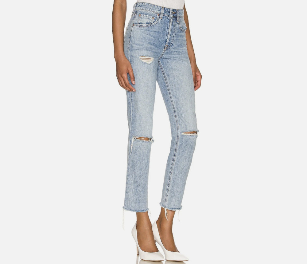 GRLFRND Karolina Distressed Jeans High Rise Straight Crop Raw Hem USA Size 29